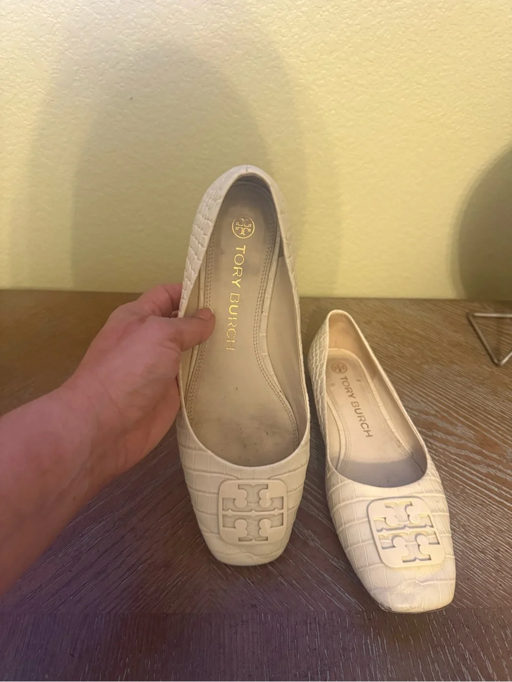 Tory Burch Ivory Croc-Embossed Logo Square-Toe Flats